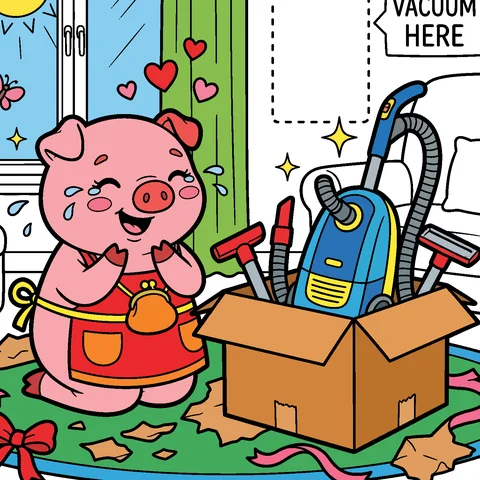 Penny Pig with her new vacuum